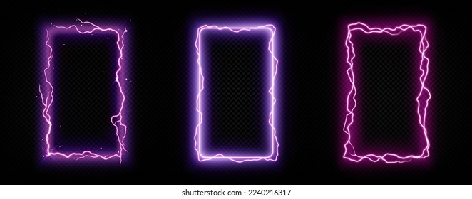 Rectangle frames with purple lightnings, electric energy strikes on border. Neon glowing banner frames with thunderbolt discharge isolated on transparent background, vector realistic set