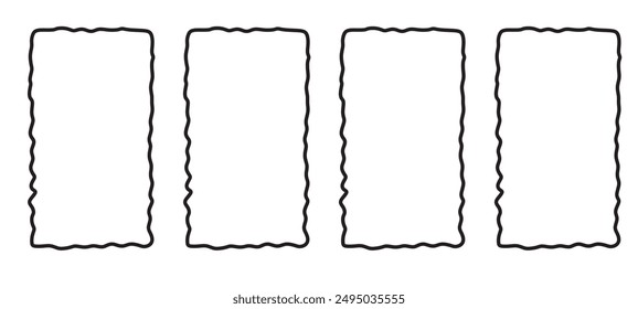 Rectangle frames with wavy edges. Rectangular shapes with wiggly borders. Picture or photo frames, empty text boxes, tags, labels isolated on white background. Vector graphic illustration