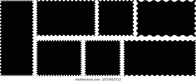 Rectangle frames with wiggly borders. Black silhouette scalloped frames. Geometric shapes with scallop and zigzag edges set. Silhouette stickers circle, square, oval and rectangle labels.