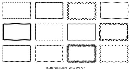 Rectangle Geometric shape frame with wavy edges.Zigzag Wavy Edge rectangle shapes elements set.Vector wavy undalute badge for stickers, banner, social media template,poster, decoration.Vector Jagged