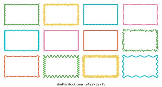 Rectangle Geometric shape frame with wavy edges.Zigzag Wavy Edge rectangle shapes elements set.Vector wavy undalute badge for stickers, banner, social media template,poster, decoration.Vector Jagged