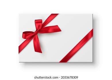 Rectangle gift box, present realistic vector illustration. Birthday, christmas holiday, wedding anniversary celebration accessory top view. 3D container with red ribbon bow isolated on white