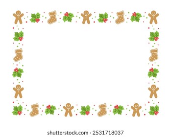 Rectangle Gingerbread Cookies Frame Border, Christmas Winter Holiday Graphics. Homemade sweets pattern, card and social media post template on white background. Isolated vector illustration.