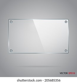 Rectangle glass panel with steel rivets.