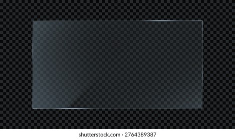 Rectangle glass plate frame design on dark transparent background. Decorative mockup template vector illustration