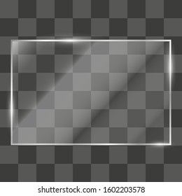 Rectangle glass plate, realistic transparent glass, window. Light effect with glare and light. Beautiful realistic reflection. Vector