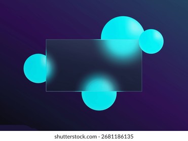Rectángulo con esferas de color turquesa brillante sobre fondo degradado oscuro en estilo morfismo de vidrio.