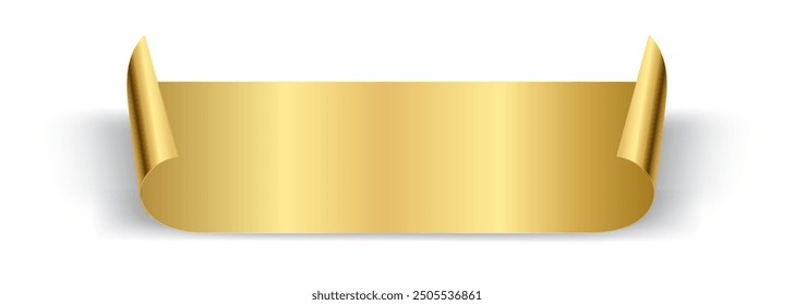 Rectangle gold paper sticker banner with curl vector illustration. Golden Sticker blank page curved rolled glossy shiny, empty flip document, template design element isolated on white background.