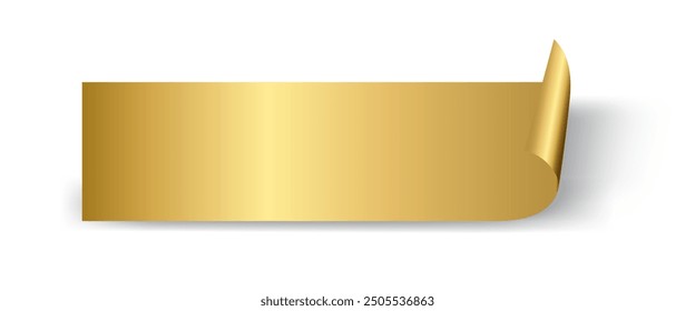 Rectangle gold paper sticker with curl vector illustration. Sticker blank page leaf with curved rolled glossy shiny, empty flip document, template design element isolated on white background.