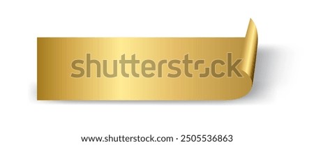 Rectangle gold paper sticker with curl vector illustration. Sticker blank page leaf with curved rolled glossy shiny, empty flip document, template design element isolated on white background.