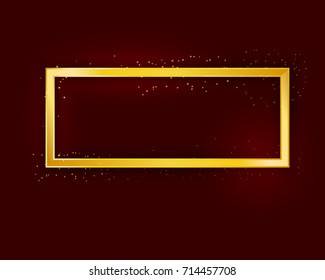 Rectangle golden frame with lights effect on dark background. Shining banner with stars and glitter. Vector template