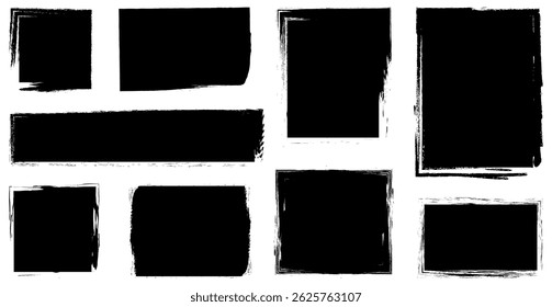 Rectangle grunge black frame isolated on white background. Black Grunge Paint Banners, set of rectangular paint splatters, grunge rough shapes. Box frame.