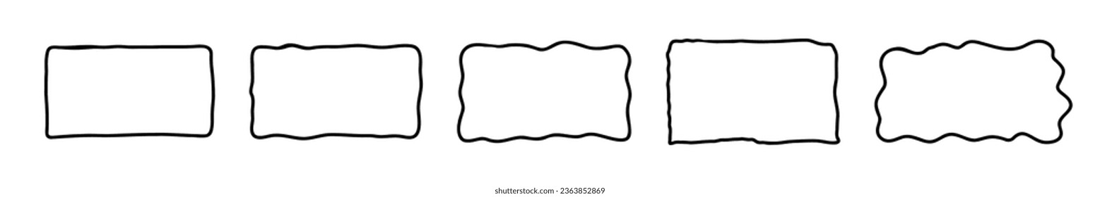 Rectangle hand drawn frame set. Doodle wavy curve deformed textured frames. Border sketch. Vector illustration isolated on a white background.