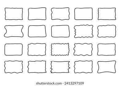 Rectangle hand drawn frame set. Doodle wavy curve deformed textured frames. Border sketch. Vector illustration isolated on a white background.