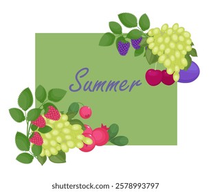 Rectangle horizontal frame with fruits. Grape, cherry, plums and berries on a green background. Flat style. The center of the image is free for your inscription. Template for decor, design element.