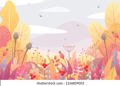 Rectangle horizontal nature background with trees, bushes, colorful leaves, dried grass and berries. Floral border with simple plants above autumn landscape. Vector flat style fall foliage decoration.