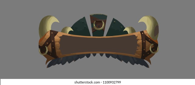 Rectangle horizontal stone frame with horns, wings and armor on grey background. Text surface for banner template. Game element. Cartoon icon in viking or barbarian style.  