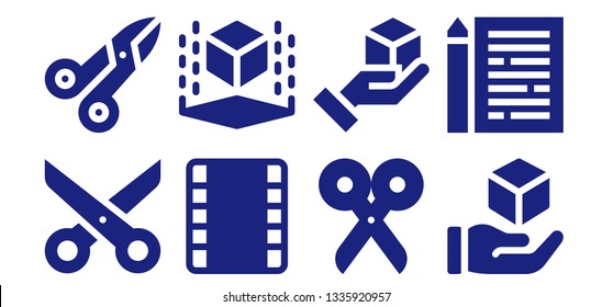 rectangle icon set. 8 filled rectangle icons.  Collection Of - Scissors, Film strip, Cube, Sheet