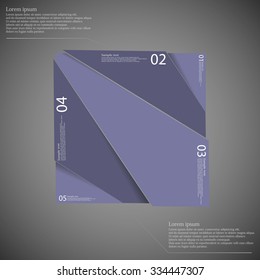 Rectangle illustration infographic template which is randomly divided to five purple parts. Each part has space for own text according customer needs. Background is dark.