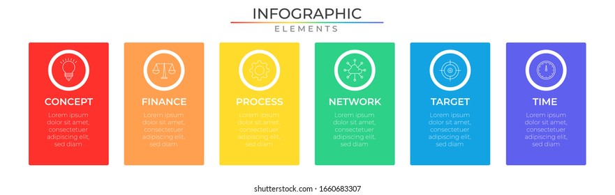 Rectangle infographic design template with icons and six options or steps. Modern vector for company and corporate business project and presentation.