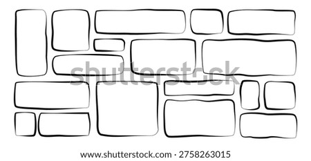 Rectangle irregular organic set with black vector shape frame box. Hand drawn stone collage with abstract wavy background. Text rectangle banner with figure graphic shape