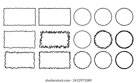 Rectangle jagged frame edge vector. Rough torn grunge collage. Rip cut strip border for craft banner or text scratch set. Blank black tattered cardboard boarder silhouette template collection.