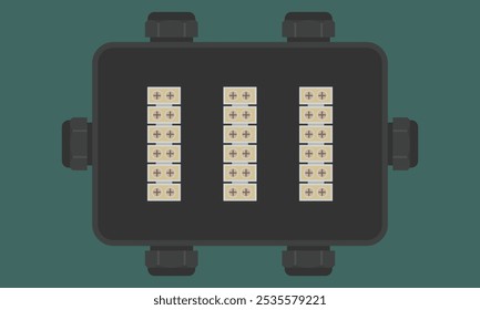 Caja de conexiones rectangular con prensaestopas y barras colectoras. Ilustración vectorial en estilo plano