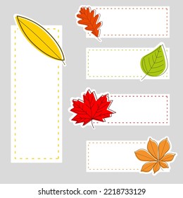 Rectangle labels with autumn leaves. Different, colorful leaves.