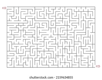 Rectangle labyrinth with entry and exit. Line maze game. Hard -Medium complexity. Kids maze puzzle, vector illustration