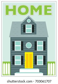 Rectangle logo of cottage style home with yellow door, black shutters and a white picket fence.