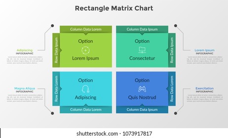 Rectangle Matrix Chart. Four Rectangular Elements With Thin Line Pictograms Inside And Text Boxes. Concept Of Relationship Between 4 Variables. Modern Infographic Design Template. Vector Illustration.