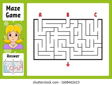 Rectangle maze. Game for kids. Three entrances, one exit. Puzzle for children. Labyrinth conundrum. Color vector illustration. Find the right path. With answer. Cartoon character. Education worksheet.