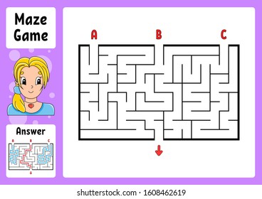 Rectangle maze. Game for kids. Three entrances, one exit. Puzzle for children. Labyrinth conundrum. Color vector illustration. Find the right path. With answer. Cartoon character. Education worksheet.