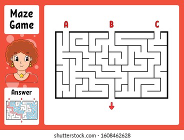 Rectangle maze. Game for kids. Three entrances, one exit. Puzzle for children. Labyrinth conundrum. Color vector illustration. Find the right path. With answer. Cartoon character. Education worksheet.