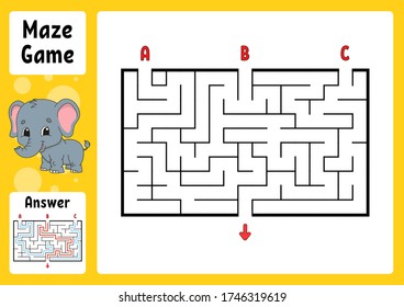 Rectangle maze. Game for kids. Three entrances, one exit. Puzzle for children. Labyrinth conundrum. Color vector illustration. Find the right path. With answer. Cartoon character. Education worksheet.