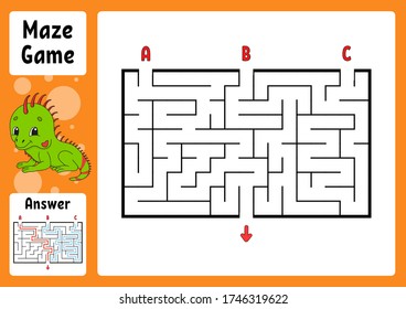 Rectangle maze. Game for kids. Three entrances, one exit. Puzzle for children. Labyrinth conundrum. Color vector illustration. Find the right path. With answer. Cartoon character. Education worksheet.