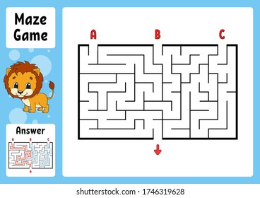 Rectangle maze. Game for kids. Three entrances, one exit. Puzzle for children. Labyrinth conundrum. Color vector illustration. Find the right path. With answer. Cartoon character. Education worksheet.