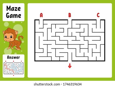 Rectangle maze. Game for kids. Three entrances, one exit. Puzzle for children. Labyrinth conundrum. Color vector illustration. Find the right path. With answer. Cartoon character. Education worksheet.