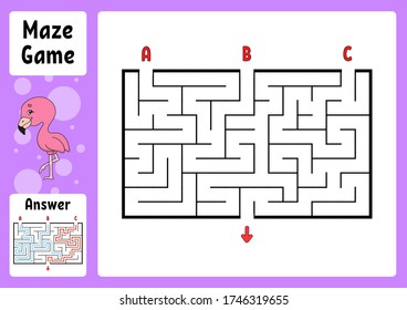 Rectangle maze. Game for kids. Three entrances, one exit. Puzzle for children. Labyrinth conundrum. Color vector illustration. Find the right path. With answer. Cartoon character. Education worksheet.