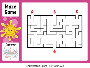 Rectangle maze. Game for kids. Three entrances, one exit. Puzzle for children. Labyrinth conundrum. Color vector illustration. Find the right path. With answer. Cartoon character. Education worksheet.