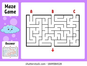 Rectangle maze. Game for kids. Three entrances, one exit. Puzzle for children. Labyrinth conundrum. Color vector illustration. Find the right path. With answer. Cartoon character. Education worksheet.