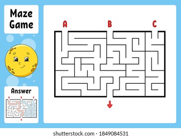 Rectangle maze. Game for kids. Three entrances, one exit. Puzzle for children. Labyrinth conundrum. Color vector illustration. Find the right path. With answer. Cartoon character. Education worksheet.