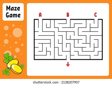 Rectangle maze. Game for kids. Three entrances, one exit. Education worksheet. Puzzle for children. Labyrinth conundrum. Color vector illustration. Find the right path. cartoon character.