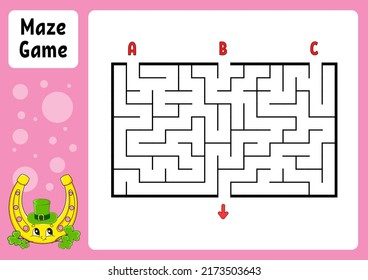 Rectangle maze. Game for kids. Three entrances, one exit. Education worksheet. Puzzle for children. Labyrinth conundrum. Color vector illustration. Find the right path. cartoon character.