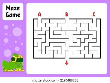 Rectangle maze. Game for kids. Three entrances, one exit. Education worksheet. Puzzle for children. Labyrinth conundrum. Color vector illustration. Find the right path. cartoon character.