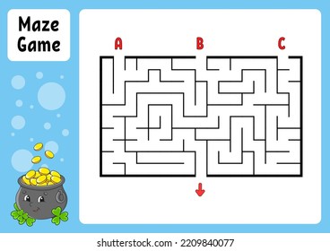 Rectangle maze. Game for kids. Three entrances, one exit. Education worksheet. Puzzle for children. Labyrinth conundrum. Color vector illustration. Find the right path. cartoon character.