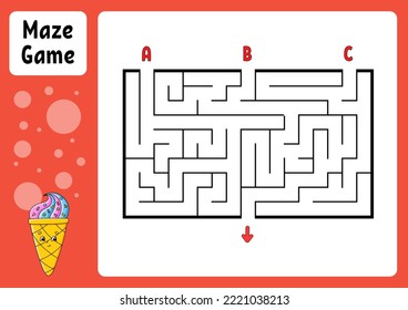 Rectangle maze. Game for kids. Three entrances, one exit. Education worksheet. Puzzle for children. Labyrinth conundrum. Find the right path. cartoon character. Vector illustration.