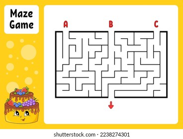 Rectangle maze. Game for kids. Three entrances, one exit. Education worksheet. Puzzle for children. Labyrinth conundrum. Find the right path. cartoon character. Vector illustration.