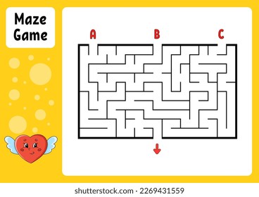 Rectangle maze. Game for kids. Three entrances, one exit. Education worksheet. Puzzle for children. Labyrinth conundrum. Find the right path. cartoon character. Vector illustration.