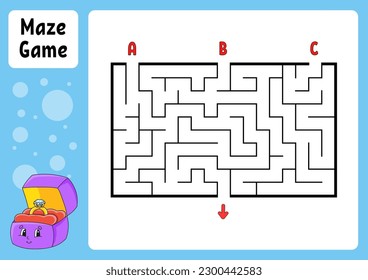 Rectangle maze. Game for kids. Three entrances, one exit. Education worksheet. Puzzle for children. Labyrinth conundrum. Find the right path. cartoon character. Vector illustration.